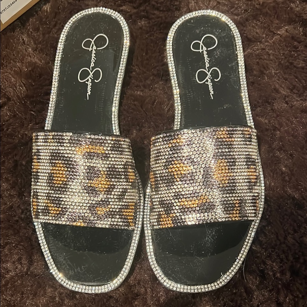 Jessica Simpson Brown and Silver Slide Sandals